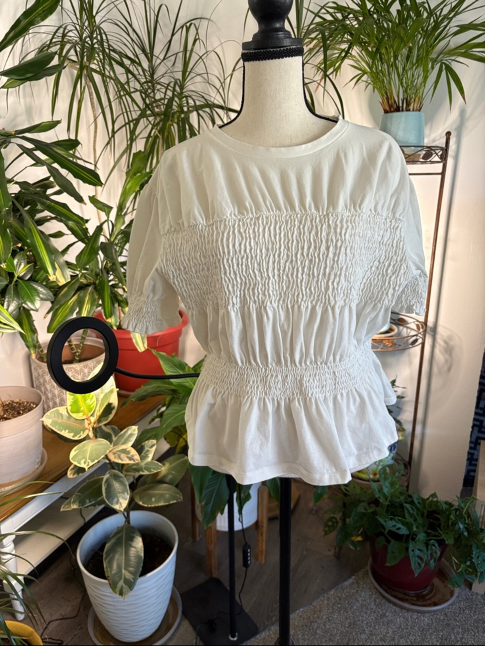 Topshop White Smocked Peplum Blouse